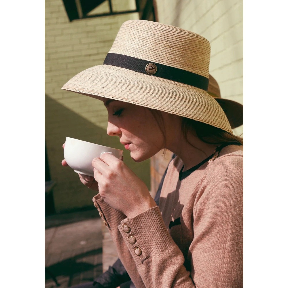 Tula Natural Palm Leaf Sun Hat Handwoven UPF 50+ Tan Black Ribbon Sold Out Style - Picture 1 of 7